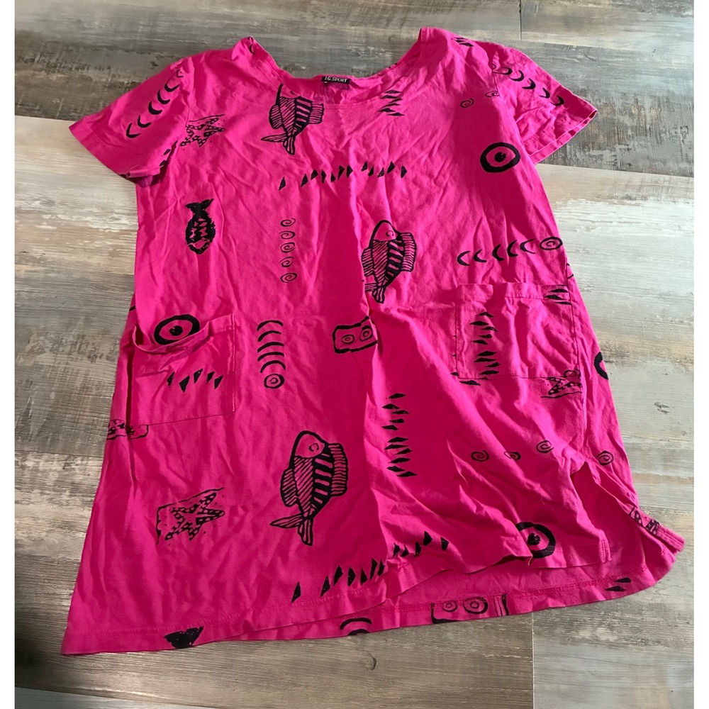 I.G. Sport Pink Fish Print T-Shirt Dress Short Sleeve Pockets Womens L